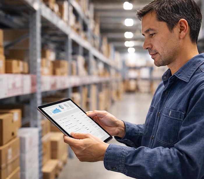 Trabajador de Seractive gestionando materiales de marketing en los almacenes